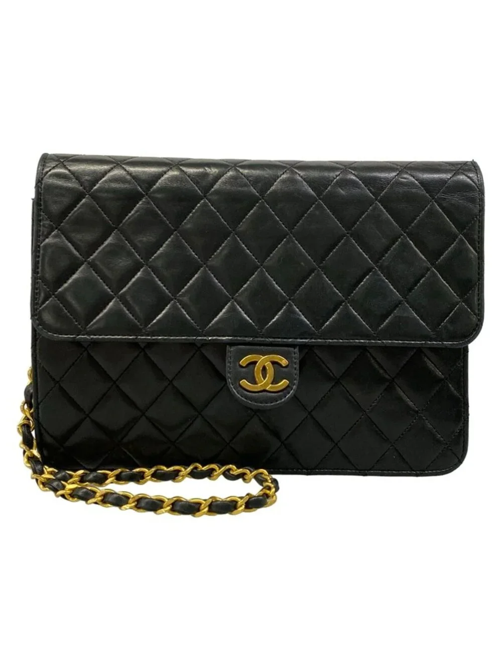 Chanel Shoulder Bag Single Flap Quilted Black Gold Chain Push Lock Lambskin